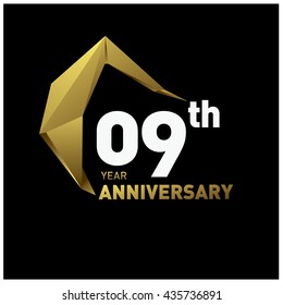 9th anniversary logo with modern gold shape. Anniversary signs illustration. Gold anniversary logo design and illustration