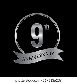 Logo del 9° aniversario color de plata para el evento de celebración, boda, tarjeta de saludo, invitación, sello redondo