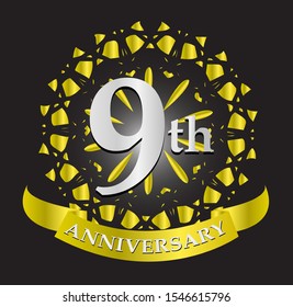 9th anniversary logo with silver and gold ribbon. Vector design template elements for your birthday celebration.