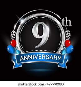 9th anniversary logo with silver ring,balloons and blue ribbon. Vector design template elements for your birthday celebration.