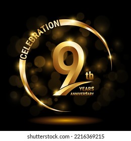 9th Anniversary Logo, Template design for anniversary celebration with golden ring and text, vector illustration