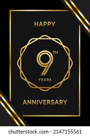Blootipo del noveno aniversario. Diseño de planilla de celebración del aniversario con anillo de oro para folletos, folletos, revistas, póster de folleto, banner, web, invitación o tarjeta de saludo. Ilustraciones vectoriales.