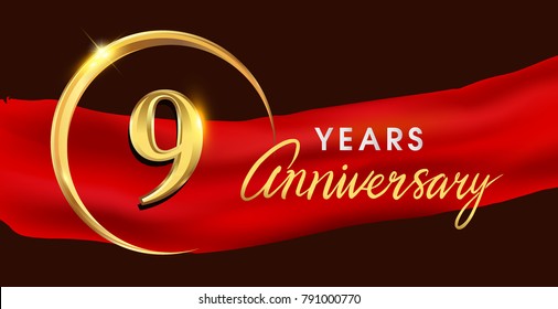 9th anniversary logotype with golden ring isolated on red ribbon elegant background, vector design for birthday celebration, greeting card and invitation card.