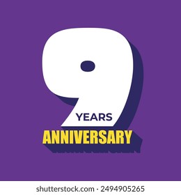 Logotipo del 9º aniversario Ilustración vectorial de fuente moderna en negrita. 9 años de diseño de placa de aniversario. Tarjeta de felicitación de Boda. Plantilla, Anuncio, cartel de la celebración del cumpleaños del negocio. Nueve años logo 3d.