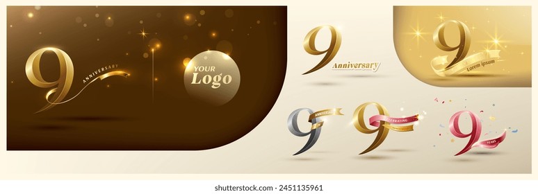 Logotipo del noveno aniversario número de oro moderno con cinta brillante. Logotipo alternativo número de la celebración del aniversario de oro