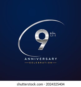 9th anniversary logotype silver color with swoosh or ring, isolated on blue background for anniversary celebration event.