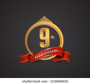 9th anniversary logotype style design luxury  golden color and ornament with warp red ribbon for company celebration event