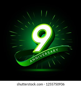 9th anniversary neon text vector design template. green number neon logo, light banner design element colorful design trend, night bright advertising neon text anniversary event party template