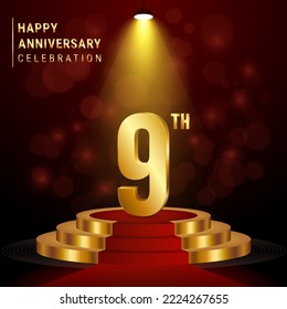 9.º Aniversario. Diseño perfecto de plantillas con podio dorado para eventos de celebración, bodas, tarjetas de felicitación y tarjetas de invitación. Ilustración del vector