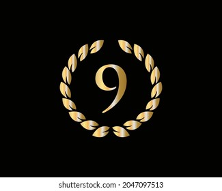 9th Anniversary Ring Logo Template. 9th Years Anniversary Logo With Golden Ring Isolated On Black Background, For Birthday, Anniversary And Company Celebration