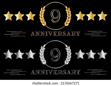 El noveno aniversario marcó oro y plata. Celebrando el cumpleaños, pancarta para una fecha especial con el anillo en el fondo aislado.