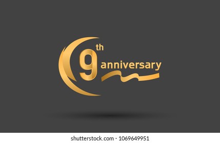 9th anniversary with swoosh golden color and ribbon for celebration event
