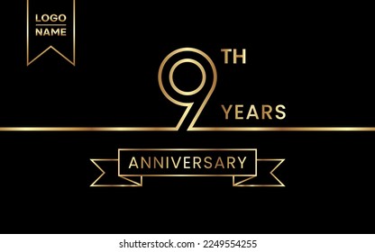 Diseño de plantilla de 9º Aniversario con color dorado para eventos de celebración, invitación, banner, afiche, volante, tarjeta de saludo. Diseño de arte de línea, plantilla de vector
