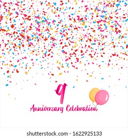 9th anniversary vector background, white background with three colors ornament and pink font, editable vector eps 10
