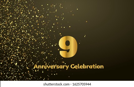 9th Anniversary vector party background with gold glitter and gold font, editable illustration eps 10