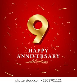 9th anniversary vector template with a golden number and golden confetti spread on a red background