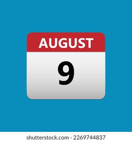 9th August calendar icon. August 9 calendar Date Month icon. Isolated on blue background