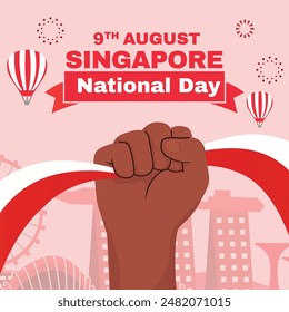 9th August Singapore National Day Celebration with Raised Fist and Flags Vector Illustration