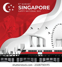 9th August Singapore's independence day, Singapore flag with Singapore city concept, Singapore National Day, artwork, print, social media post, vector illustration (Vector)