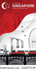 9th August Singapore's independence day, Singapore flag with Singapore city concept, Singapore National Day, artwork, print, social media post or post story, vector illustration (Vector)