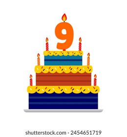 9th birthday cake blue and chocolate with numeric candle. cartoon style tart cake happy birthday for kids illustration. Cake element. Celebration tart. Editable vector