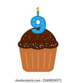 9th Birthday Cake. Chocolate cupcake clip art vector. Cupcake with colourful mess candy isolated on a white background. Anniversary cake. Birthday cake. Valentine cupcake