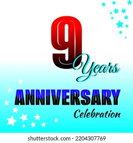 9th birthday celebration background. Red gradient colored numbers and blue gradient background decorated with stars.