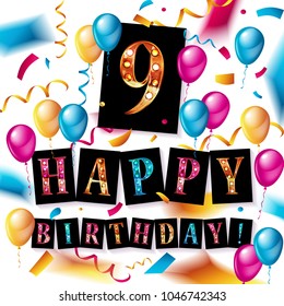 9th Birthday Celebration greeting card Design, with confetti and balloons. Vector elements for the celebration party of two years anniversary