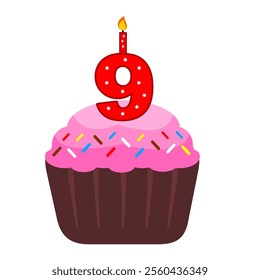 9th birthday cupcake. Pink cupcake with a numeral red candle on top. Birthday or Anniversary event element. Sweet Desert. Pink cupcake clip art cartoon style isolated in white background