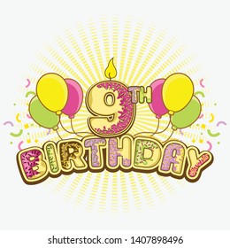 9th Birthday With Donuts Vector