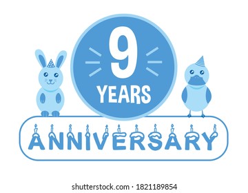9th birthday. Nine years anniversary celebration banner with blue theme for kids.