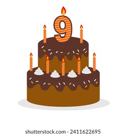 9th cake birthday chocolate taste with orange candle elemen and white background vector editable