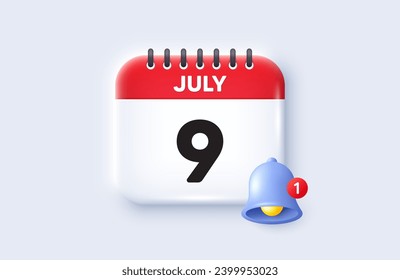 9th day of the month icon. Calendar date 3d icon. Event schedule date. Meeting appointment time. 9th day of July month. Calendar event reminder date. Vector