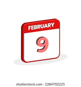 Februar Kalender 3D Symbol. 3D-Februar-9-Kalendertag, Monatssymbol, Vektorgrafik-Illustrator