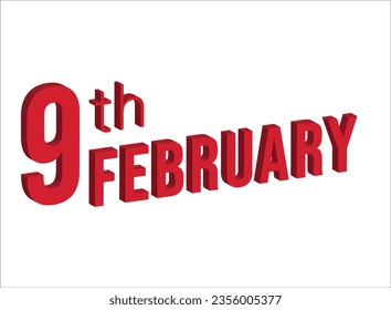 9th February , Daily calendar time and date schedule symbol. Modern design, 3d rendering. White background.