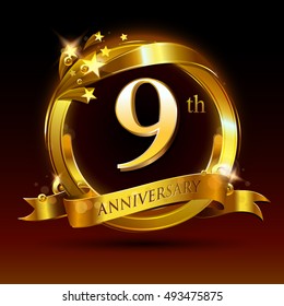 9th golden anniversary logo, 9 years anniversary celebration with ring and ribbon.