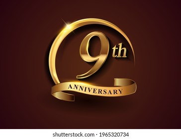 9th golden anniversary logo with gold ring and golden ribbon, vector design for birthday celebration, invitation card.