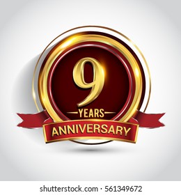 9th golden anniversary logo, nine years birthday celebration with ring and red ribbon isolated on white background