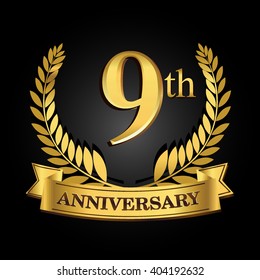 9th golden anniversary logo with ring and ribbon, laurel wreath vector design isolated on black background