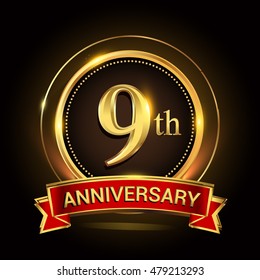 9th golden anniversary logo with ring and ribbon. Vector design template elements for your birthday celebration.