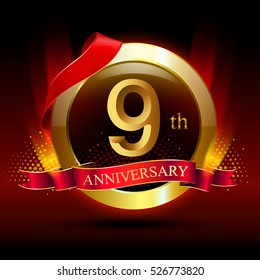 9th golden anniversary logo with ring and red ribbon. Vector design template elements for your birthday celebration.