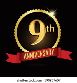 9th golden anniversary logo with shiny ring red ribbon.