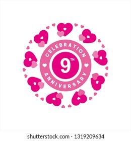 9th Happy Anniversary template Vector Design for Greeting Cards and Poster Heart or Love Pink