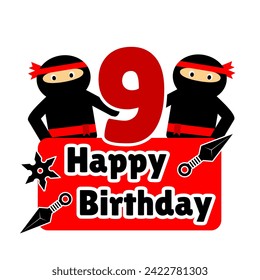 9.º feliz cumpleaños tema ninja color negro rojo blanco. ninja mascot feliz cumpleaños con kunai o elemento de herramientas ninja tradicionales