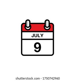 9 de julio día plano del icono del calendario del mes. Concepto de fecha y hora. Diseño de ilustración de vector