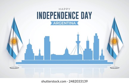 9 de julio - Feliz Día de la Independencia Argentina Anuncio y Tarjeta de Felicitación. Celebración del Día de la Independencia de Argentina con texto y Ilustración vectorial del horizonte de Argentina