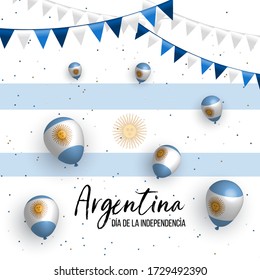 9th july, Independence Day in Argentina greeting card. Waving argentinian flag and balloons isolated on white background. Patriotic Symbolic background Vector illustration.