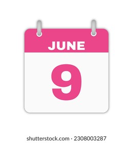 Hoja del calendario del 9 de junio. Icono de calendario 9 de junio página de vectores