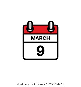9th of March flat icon calendar date, time, day, month schedule. Vector illustration design