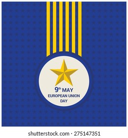 9th may european union label badge with 3d yellow star on blue background